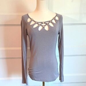 PattyBoutik Gray Tan Long Sleeve Cutout Blouse